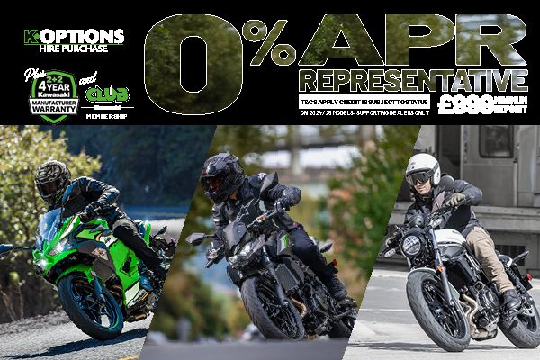 Enjoy 0% APR on HP and 5.9% PCP APR Representative on a wide range of Kawasaki machines!
